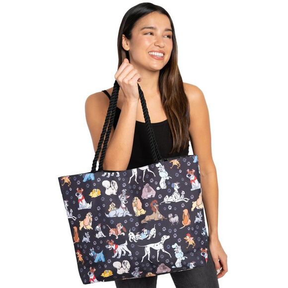 New Disney Dogs Travel Rope Tote Bag Carry-On Paw Prints 101 Dalmatians Black - Picture 5 of 7